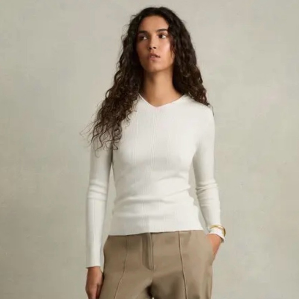 Reiss Cream Chloe Wool-Blend Rib-Knit Hooded Sweater- Large - EUC
